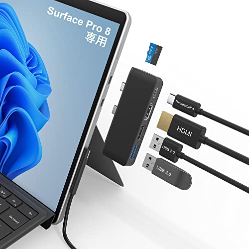 Surface Pro 8 USB ハブ 4K HDMIポート + USB-C Thunerbolt 4 (ディスプレイ+データ+PD充電) + USB3.0 + USB2.0 + TF (Micro SD) カード