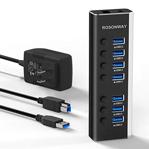 USBハブ 3.0 ROSONWAY アルミ製 7ポート USB3.0 Hub 24W電源付き バスパワーとセルフパワー両用 独立スイッチ 5Gbps高速転送、12V/2A AC