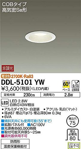 大光電機(DAIKO) ダウンライト(軒下兼用) LED 2.8W 電球色 2700K DDL-5101YW ホワイト