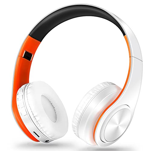Bluetoothヘッドホン ワイヤレス ヘッドフォン 重低音 折りたたみ式 ケーブル着脱式マイク付き (オレンジ＋ホワイト)